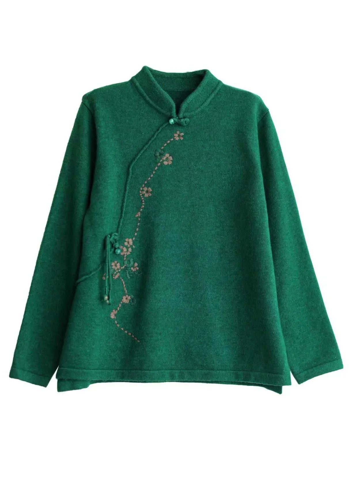 Beige Stand Collar Embroidered Chinese Style Knit Tops Spring
