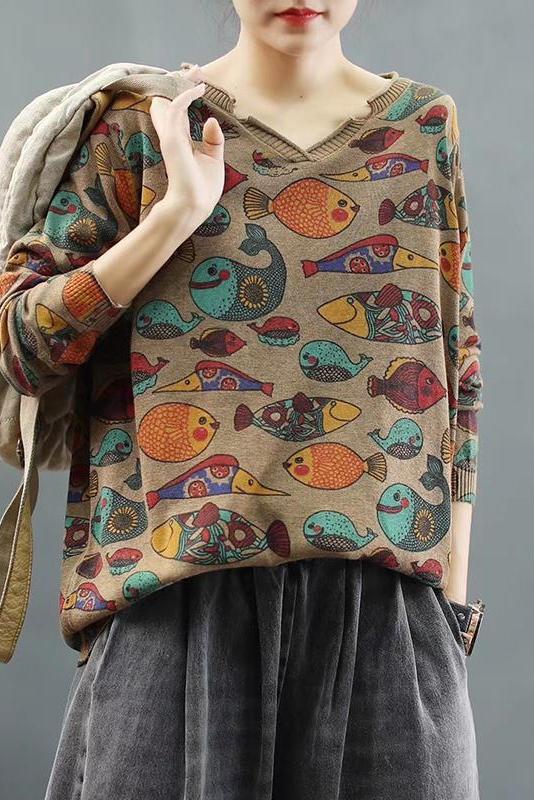 Retro Fish Print Knitted Sweater