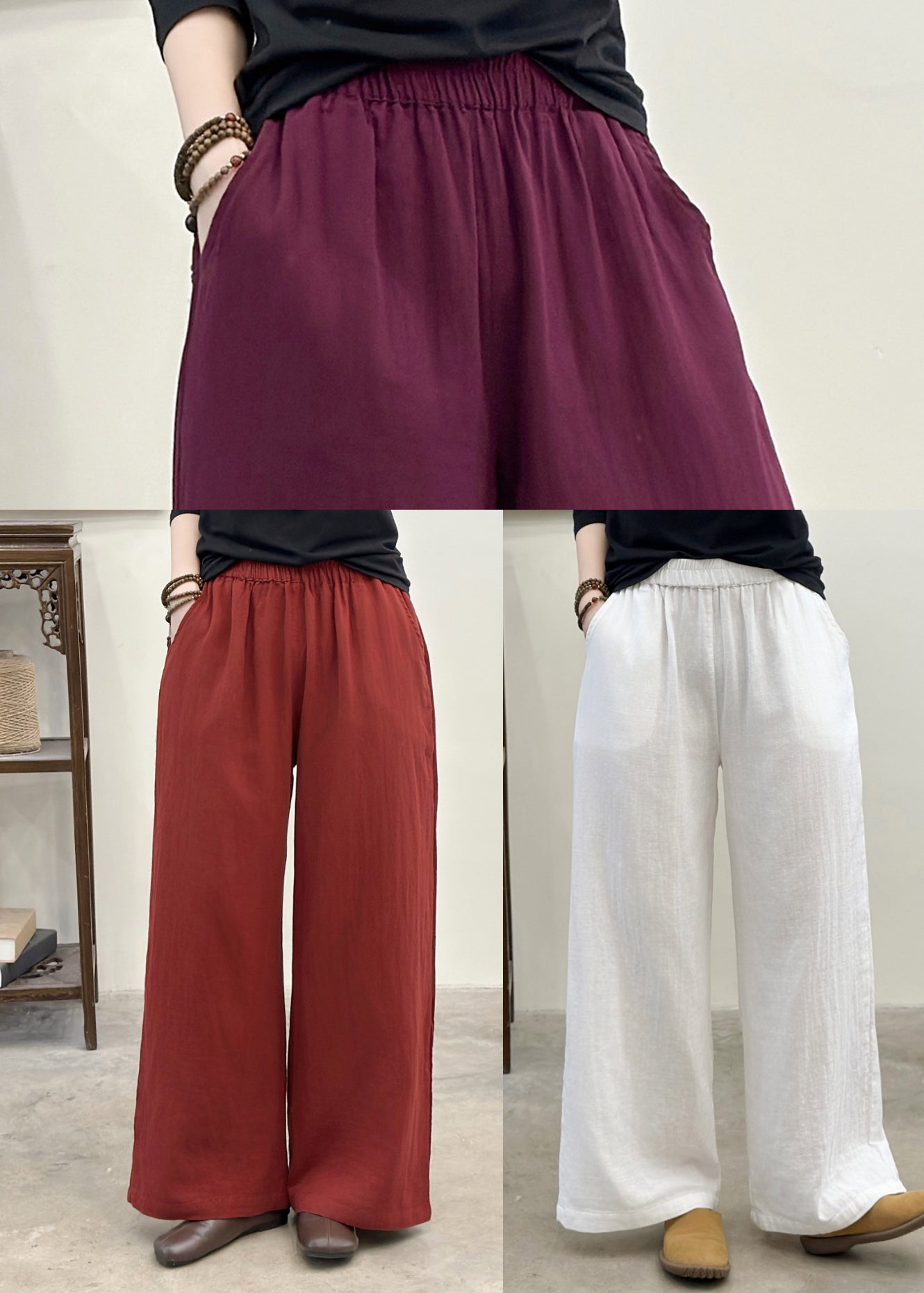 Purple Elastic Waist Pockets Linen Pants Summer