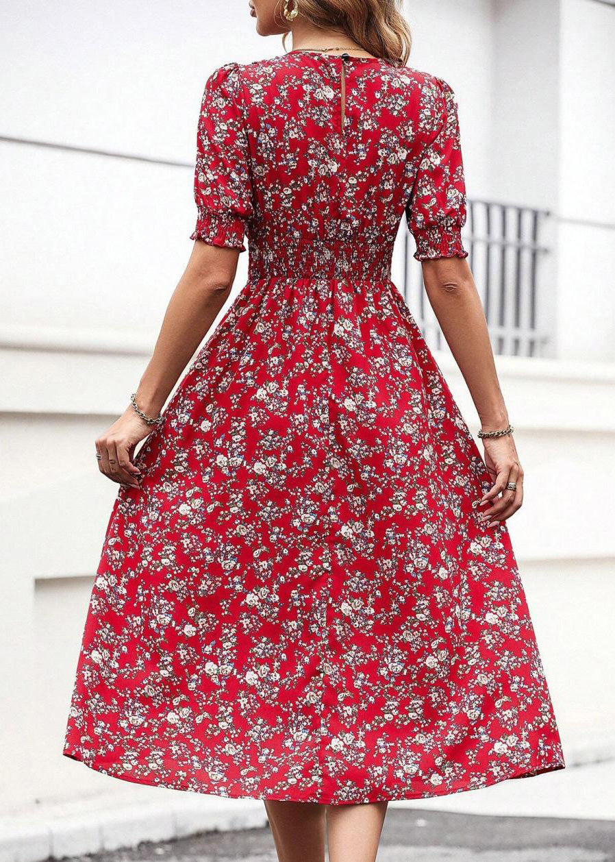 Red O-neck Puff Sleeve Print Cotton Dress Summer