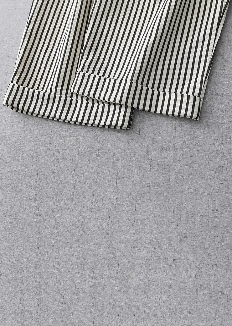 Striped Lace Up Elastic Waist Cotton Crop Pants Summer