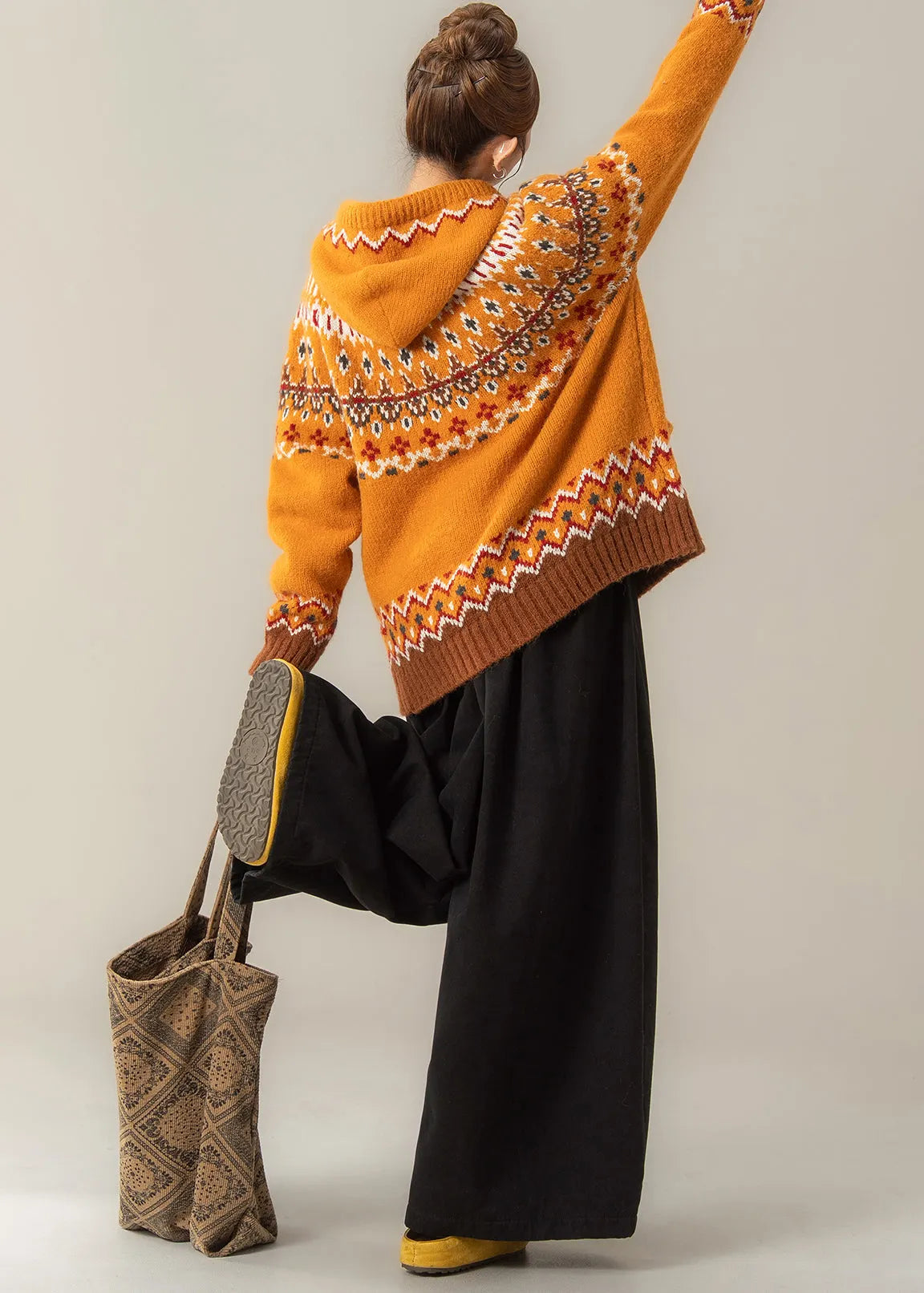 Stylish Orange Jacquard Hooded Knit Coat and Wide Leg Pants Two Pieces Set Fall