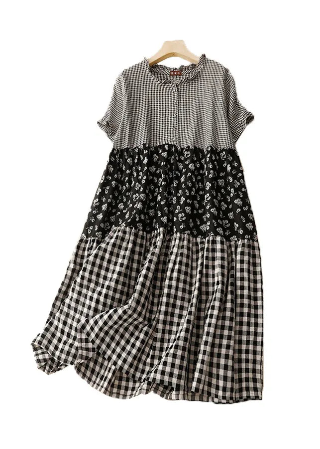 Diy Plaid Ruffled Print Patchwork Cotton Dress Summer