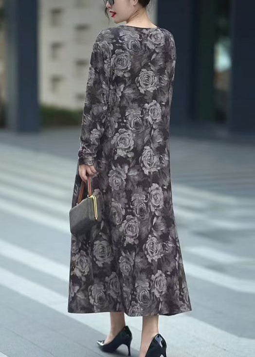 Grey O Neck Print Cotton Long Dress Fall