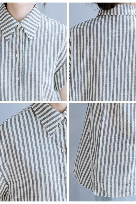Gray Striped Cotton Linen Blouse Summer Tops