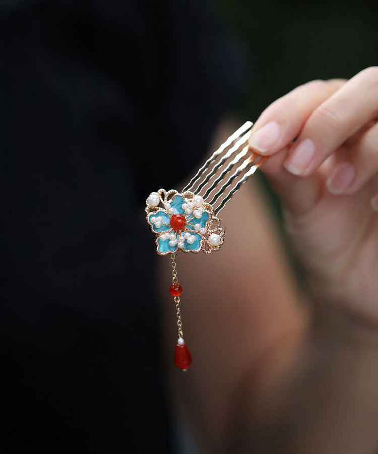 Retro Gold Sterling Silver Overgild Pearl Enamel Hairpin
