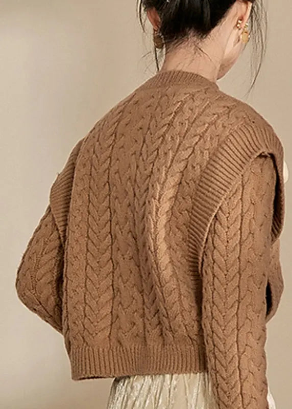 Handmade Brown V Neck Thick Cable Cotton Knit Sweaters Winter