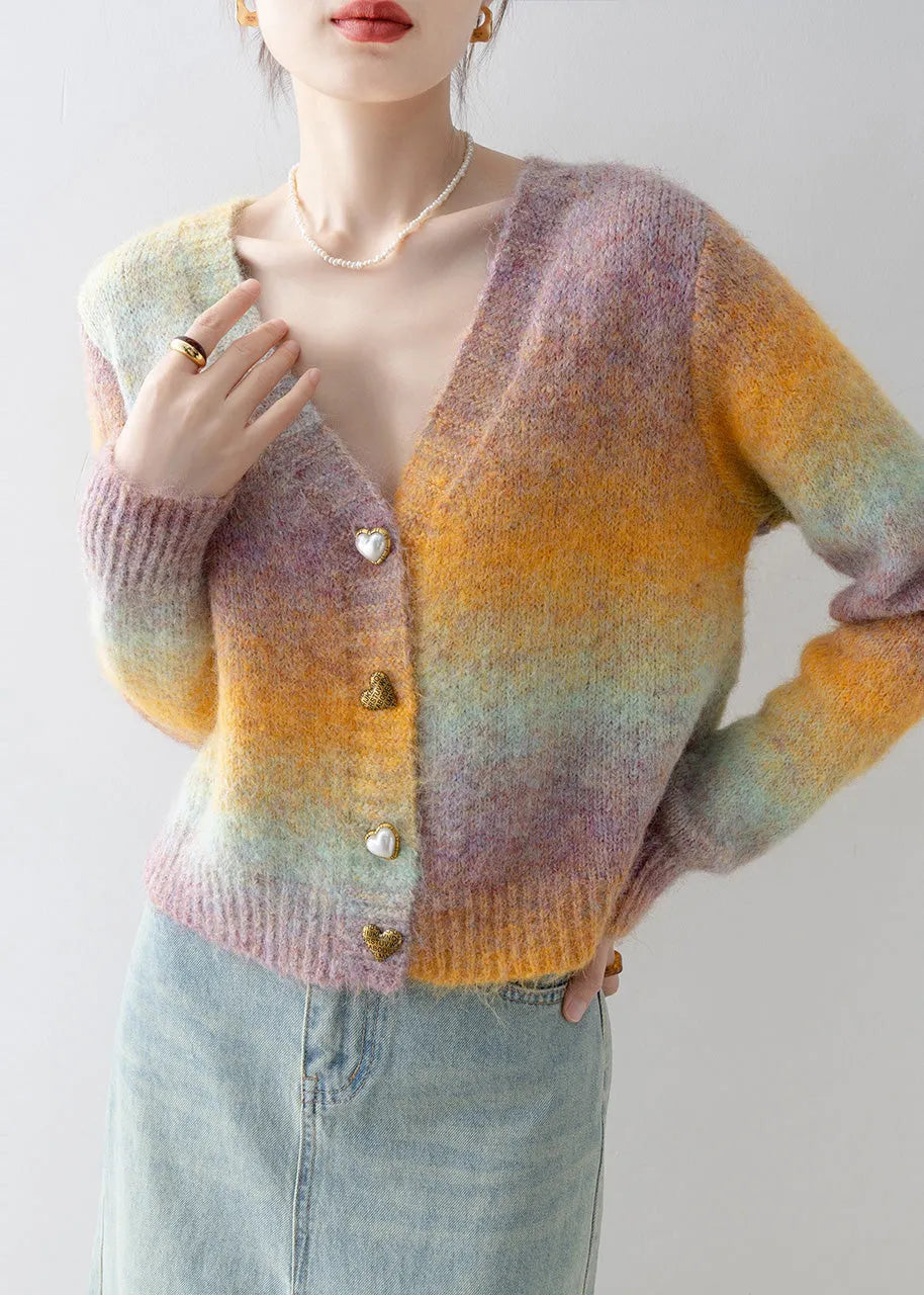 Italian Gradient Color V Neck Warm Knit Cardigan Winter