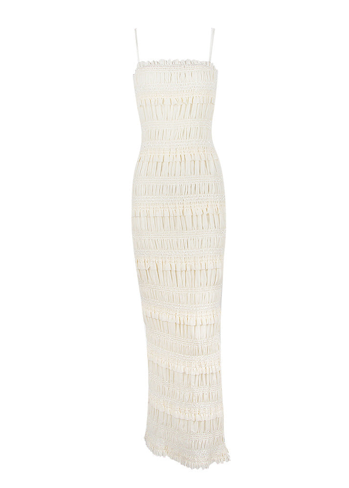 Fitted White Ruffled Patchwork Spaghetti Strap Dress Summer
