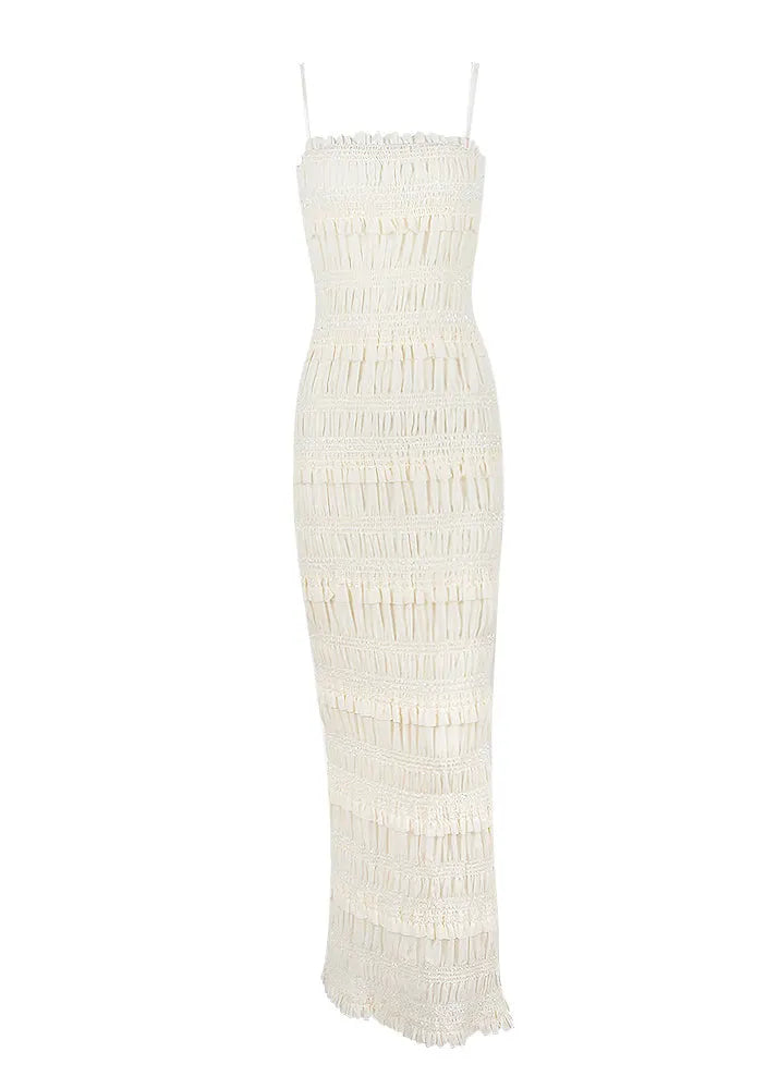 Fitted White Ruffled Patchwork Spaghetti Strap Dress Summer