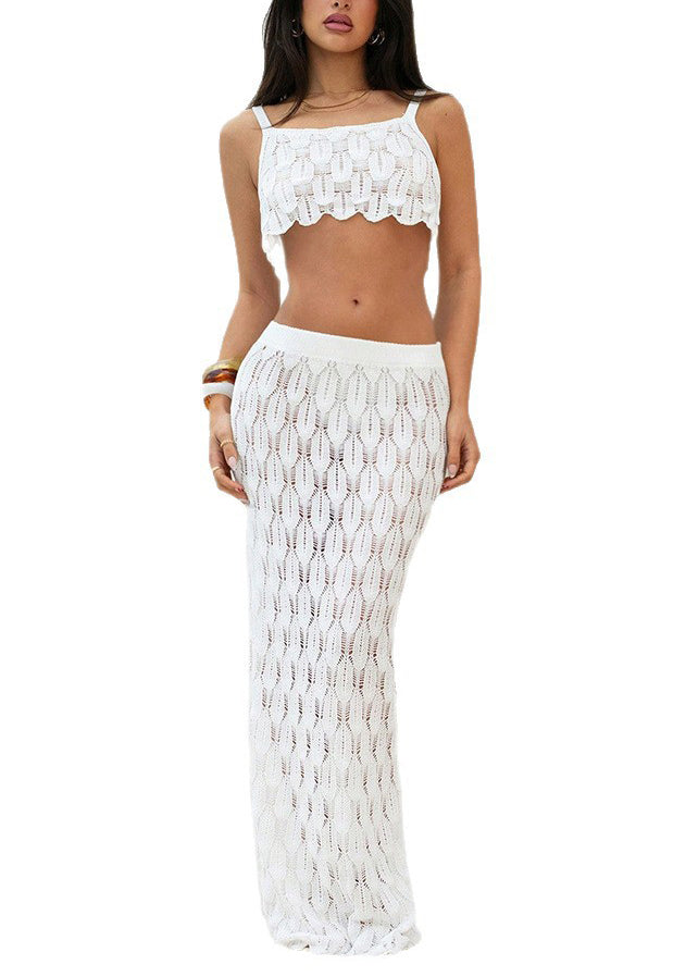 White Cut Out Knit Bikini Swimsuit Cover Up Sets