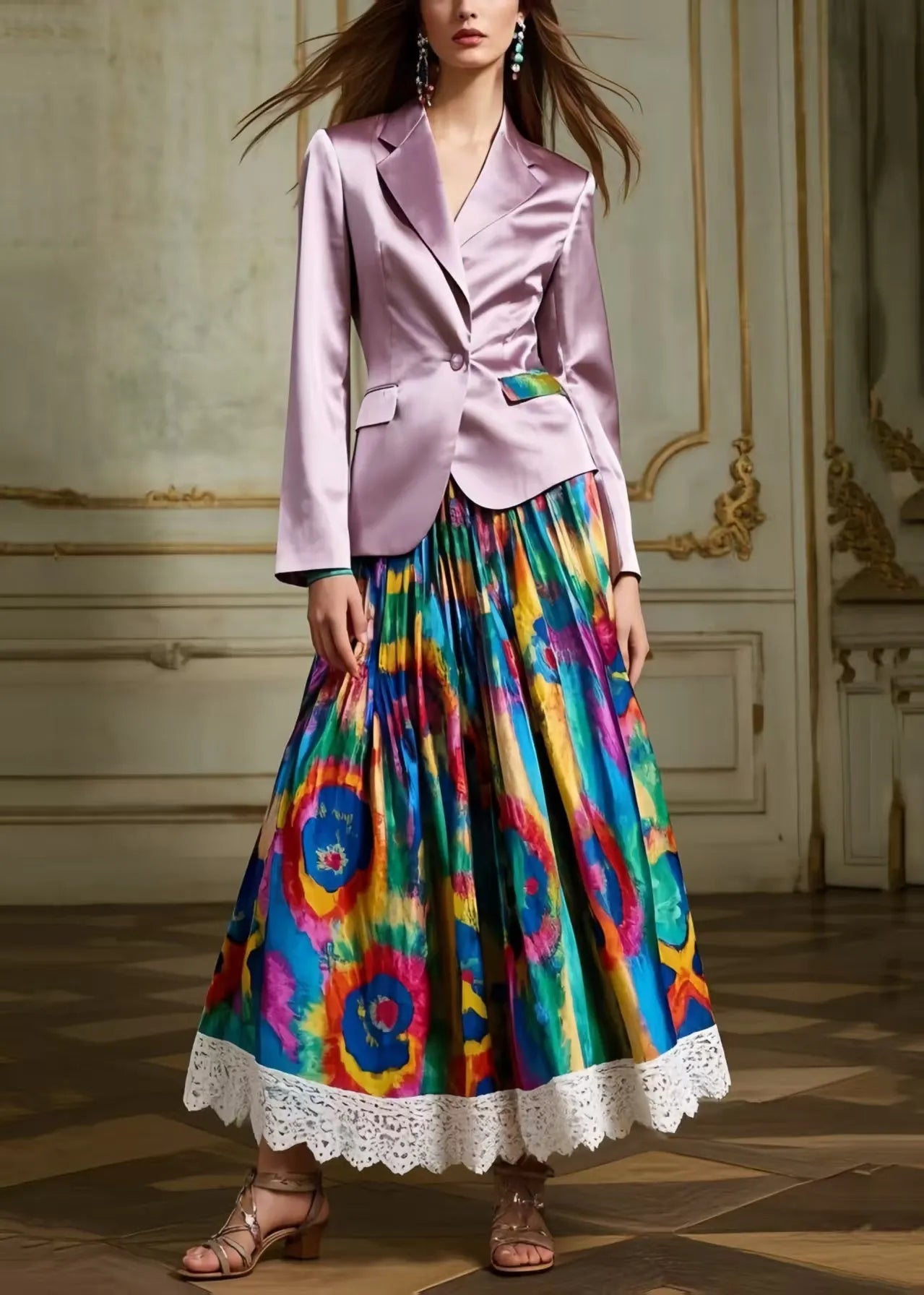 Art Tie Dye Lace Patchwork Exra Large Hem Silk Skirts Spring