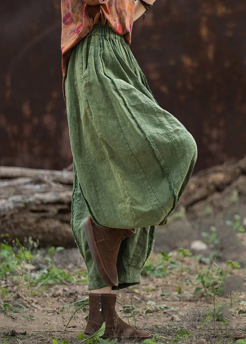 Green Linen Wide Leg Pants Elastic Waist