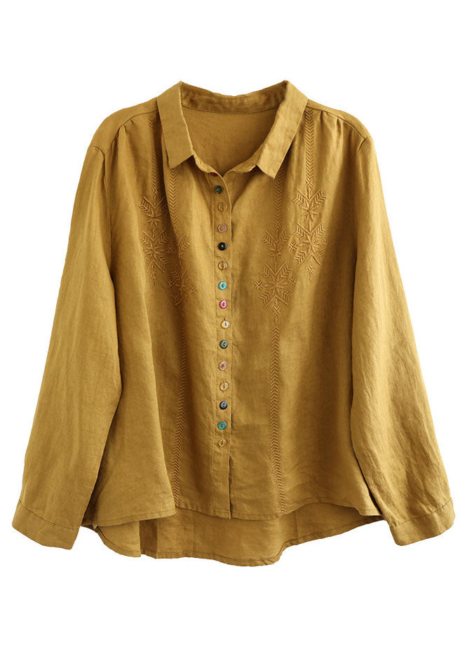 Yellow Peter Pan Collar Embroidered Linen Blouse Tops Fall