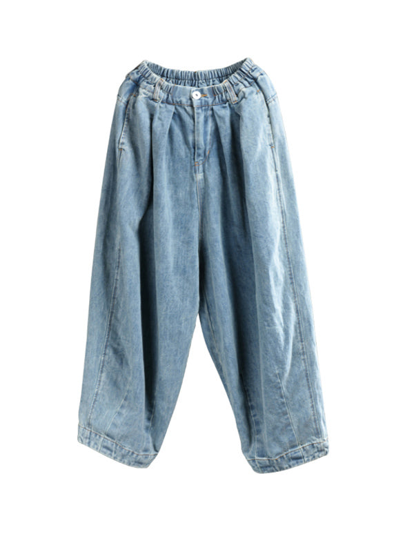 Light Blue Pockets Elastic Waist Denim Lantern Pants Spring