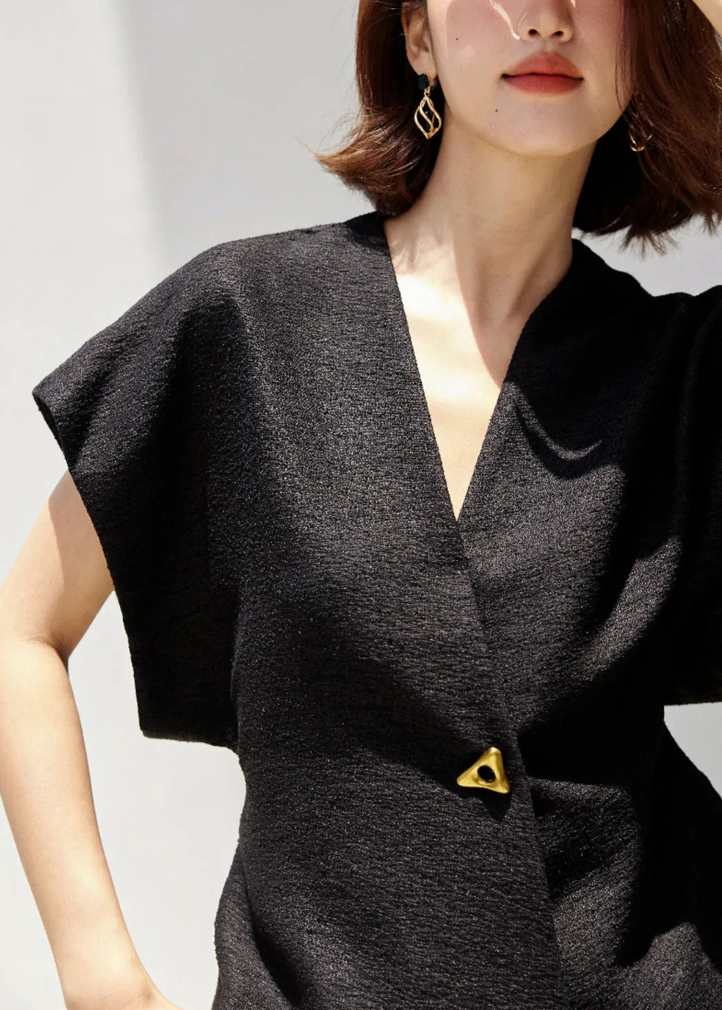 New Black V Neck Button Spandex Top Summer