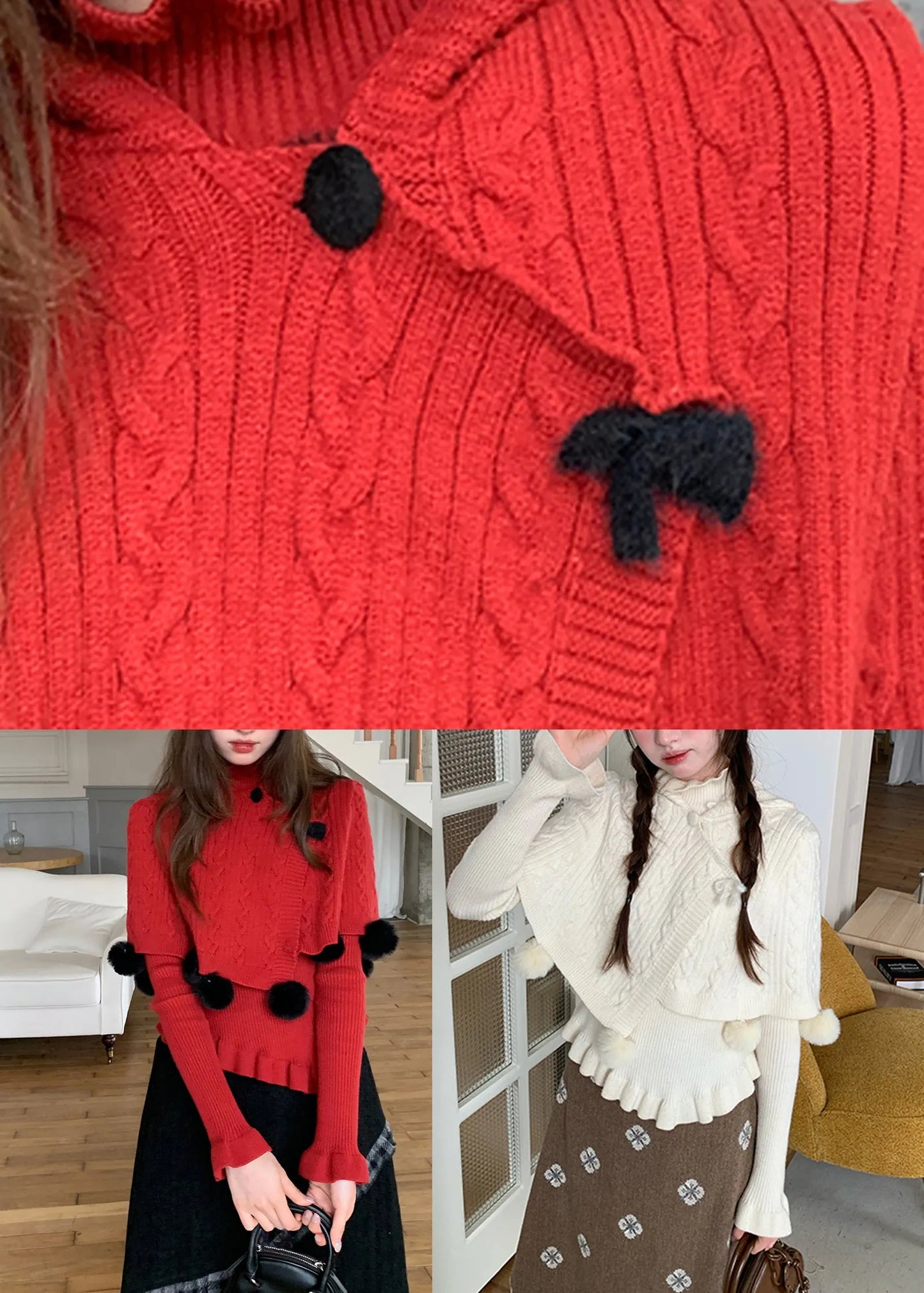 White Ruffled Cotton Knit Cloak and Sweaters Two Pieces Set Flare Sleeve