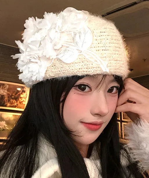 Beige Embroideried Knit Beret Hat