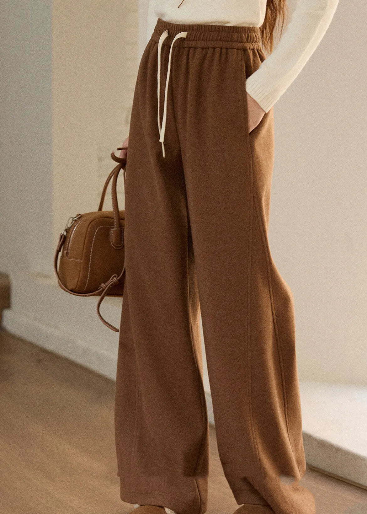 Oatmeal Pockets Elastic Waist Woolen Wide Leg Pants Fall