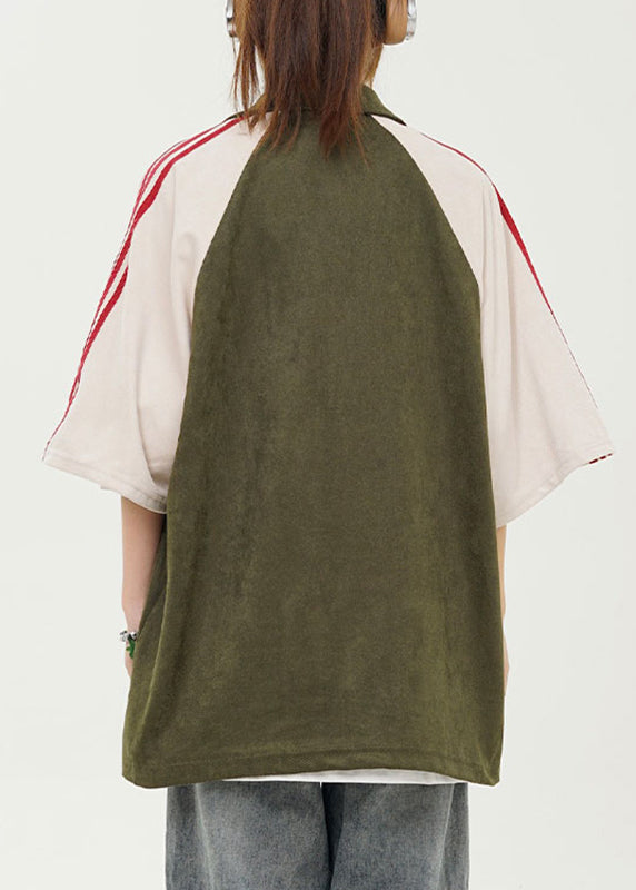 Green Peter Pan Collar Striped Patchwork Top Short Sleeve