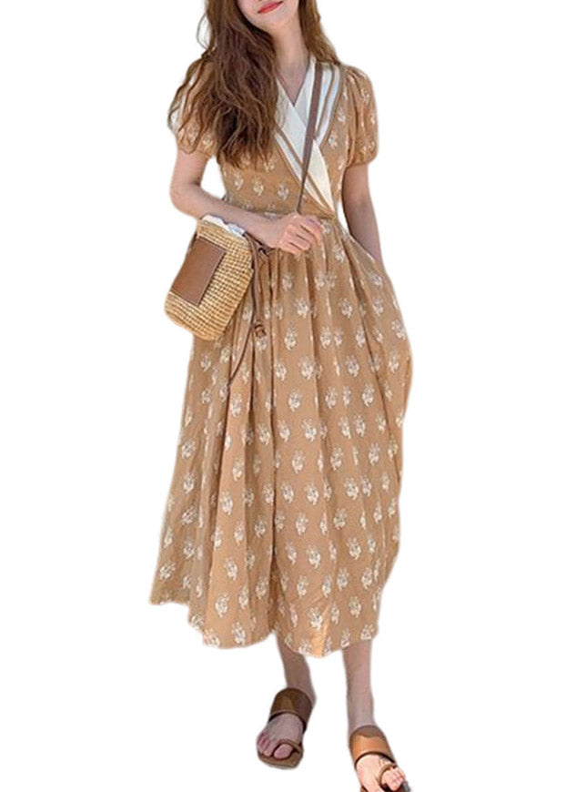 Champagne V Neck Print Wrinkled Cotton Long Dress Summer
