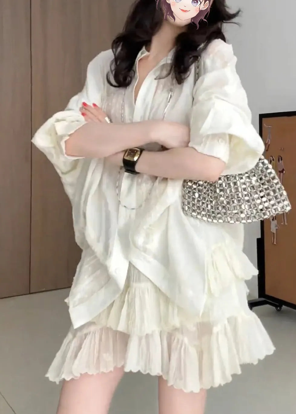 Apricot Embroidered Patchwork Shirt and Skirts Two Pieces Set Fall