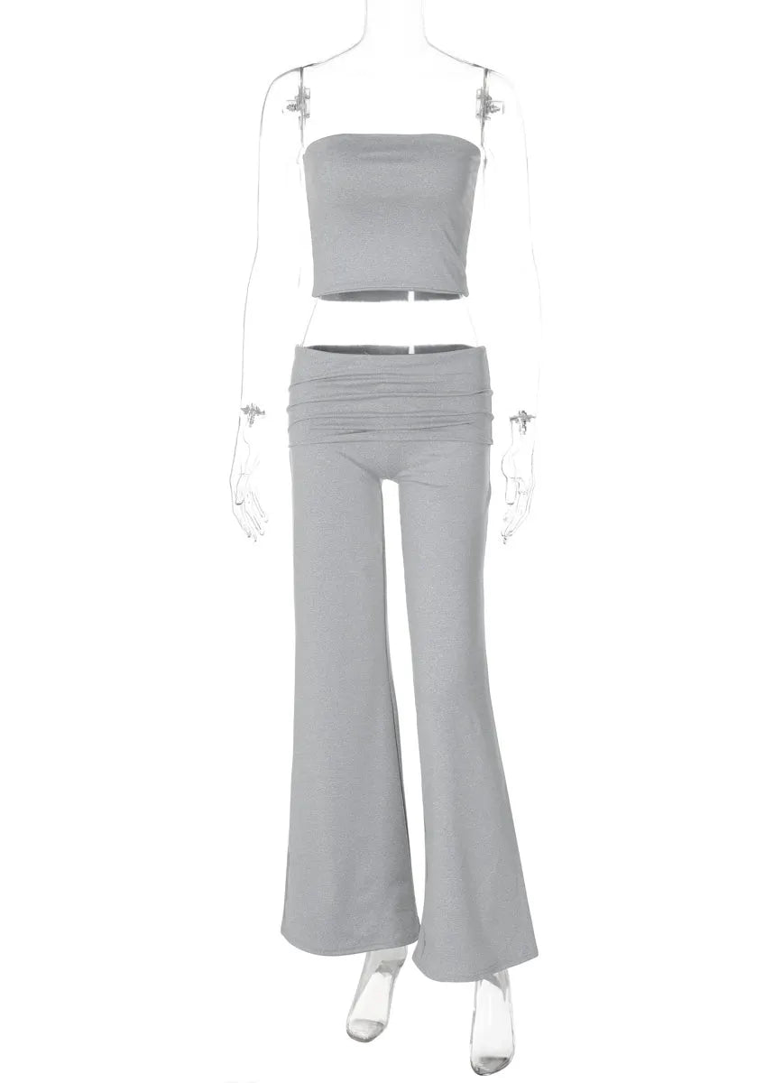 Slim Fit Grey Strapless and Pants Cotton Two Piece Set Summer