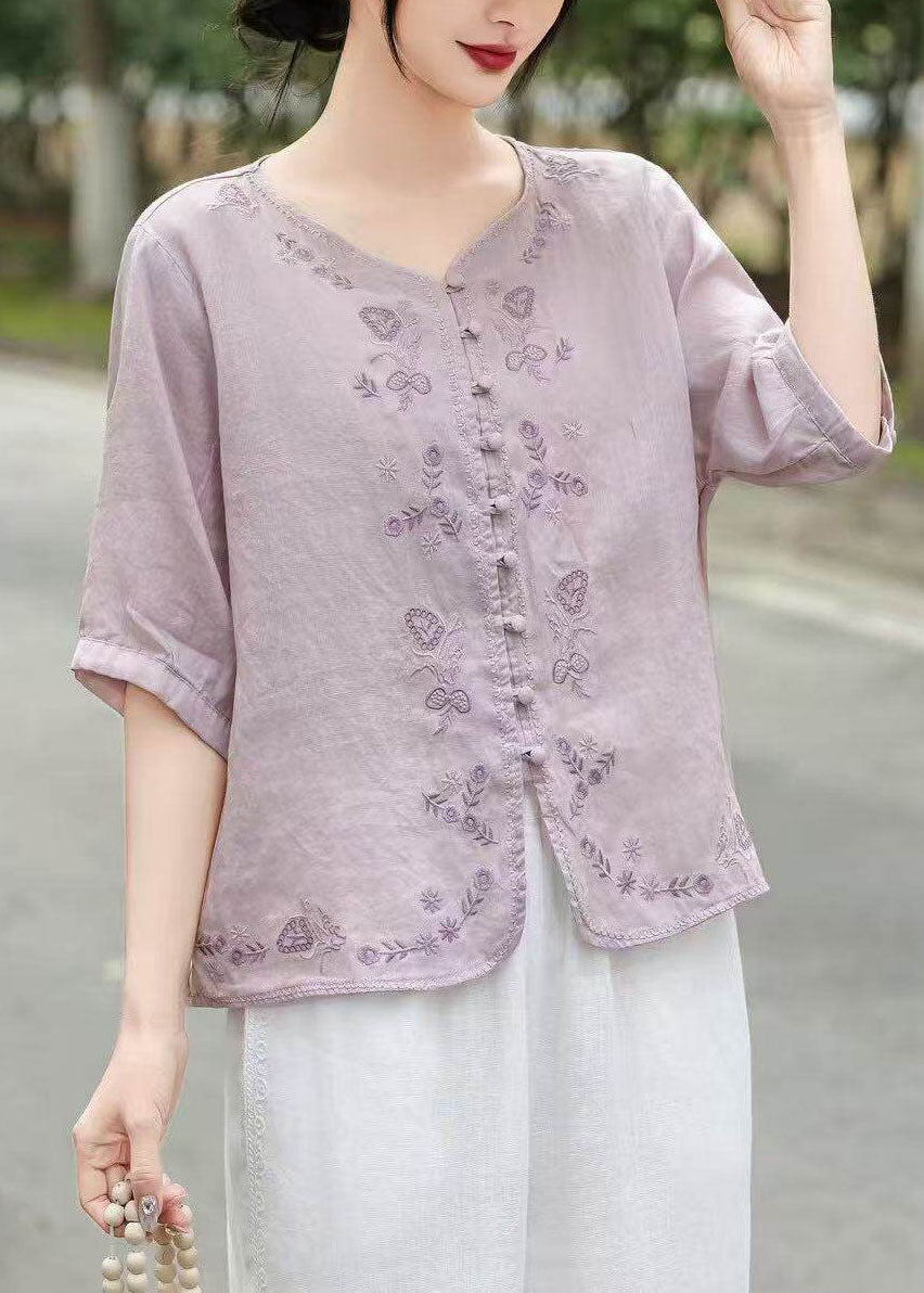 New Retro Yellow Embroidered Linen Top Summer