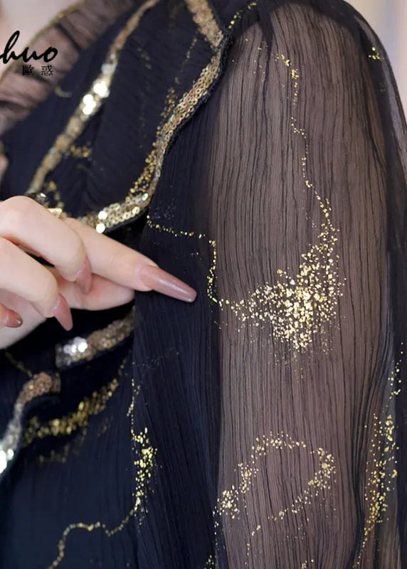 Black Stand Collar Sequins Chiffon Top Short Sleeve