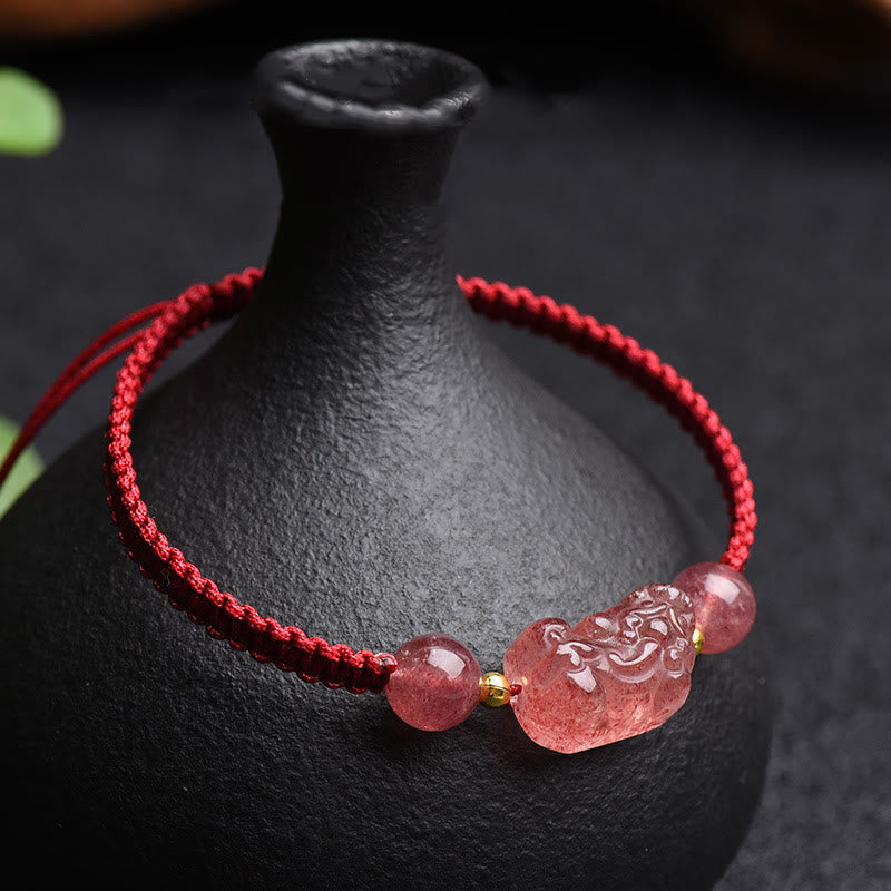 Buddha Stones Natural Strawberry Quartz Pixiu Lucky Red String Bracelet