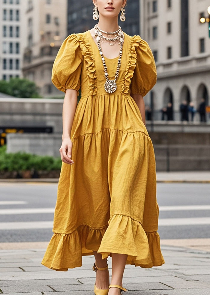 Diy Yellow Puff Sleeve Ruffled Cotton Long Dress