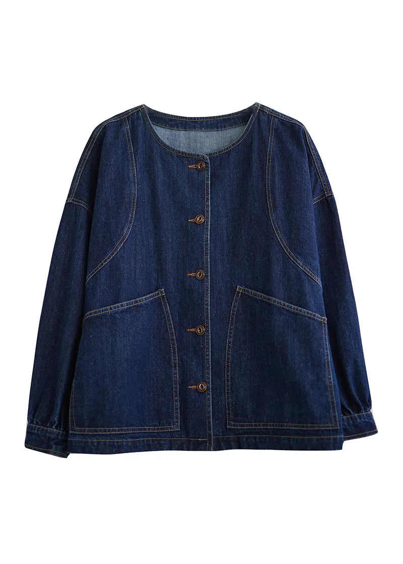 Loose Blue O-neck Pockets Patchwork Denim Coats Long Sleeve
