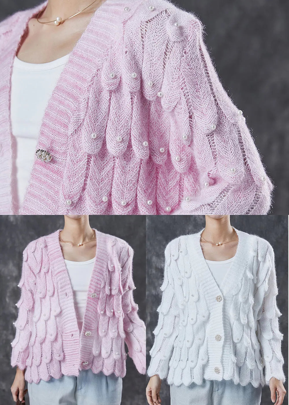 White Cozy Knit Cardigan V Neck Nail Bead Spring