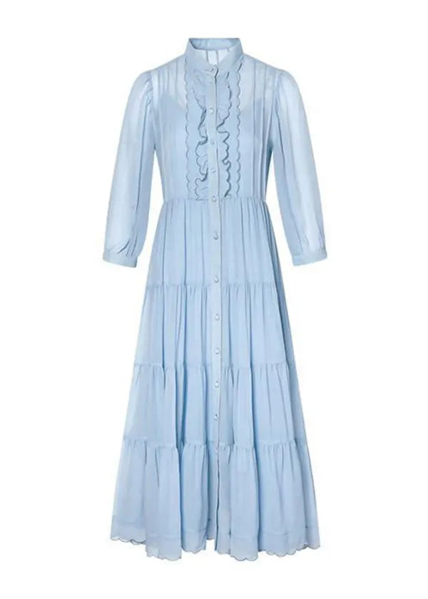 Classy Blue Ruffled Button Patchwork Silk Long Dresses Summer