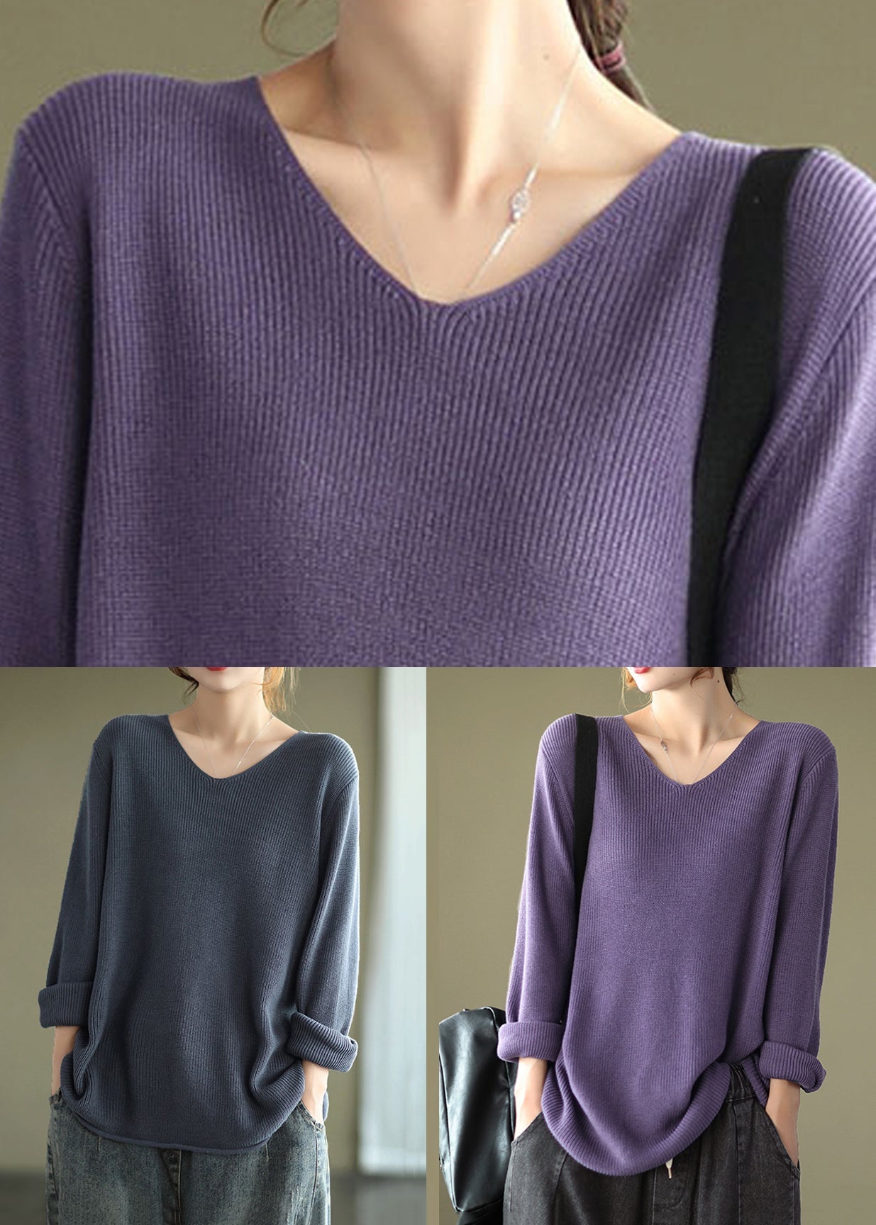 Purple V Neck Patchwork Knitting Cotton Tops Long Sleeve