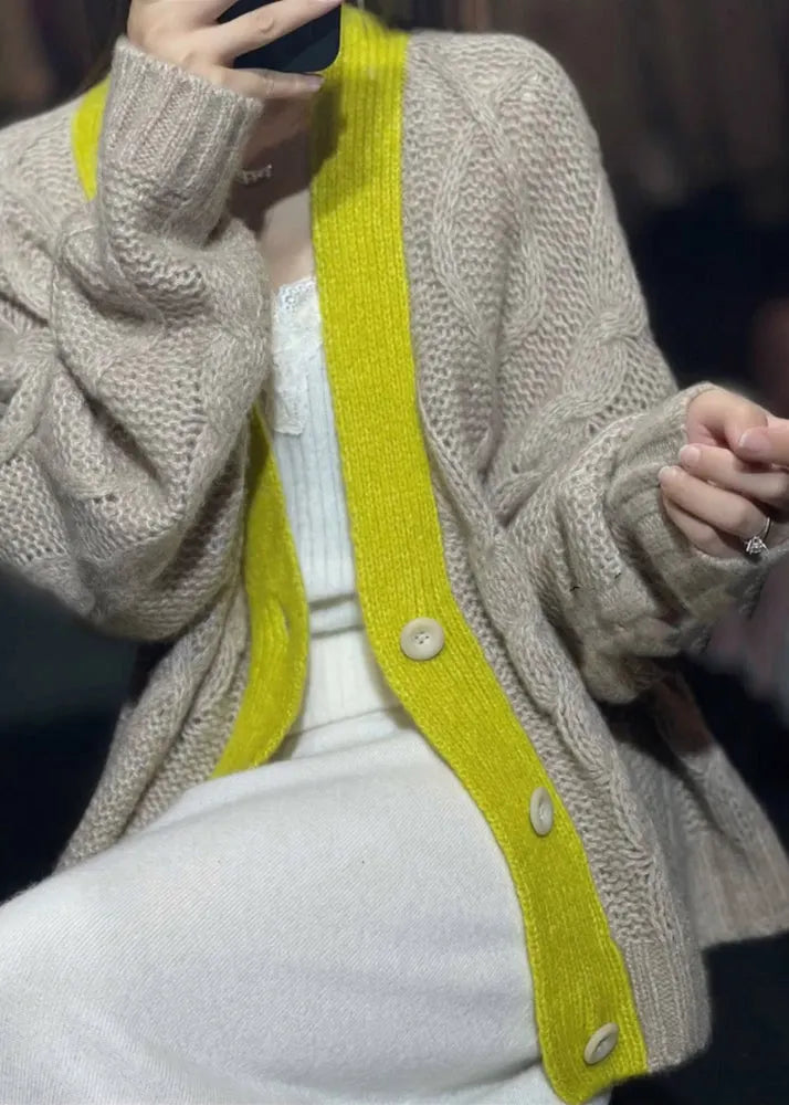 Khaki V Neck Button Patchwork Knit Cardigans Fall