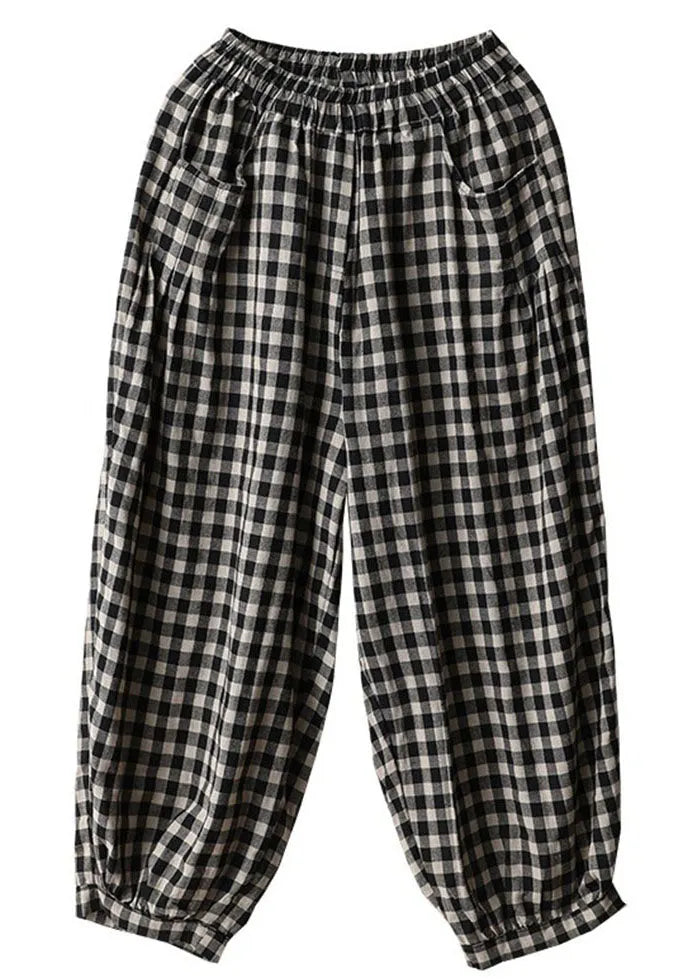 Black Plaid Pockets Linen High Waist Crop Pants Summer