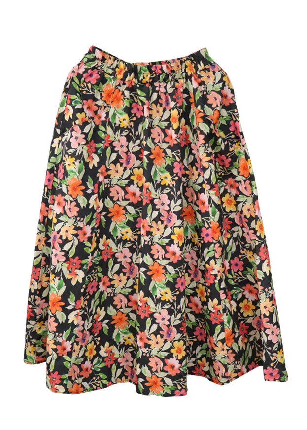 Natural Black Print Elastic Waist Linen a Line Skirt