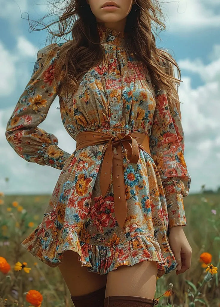 Pastoral Style Ruffled Print Mini Dresses Long Sleeve