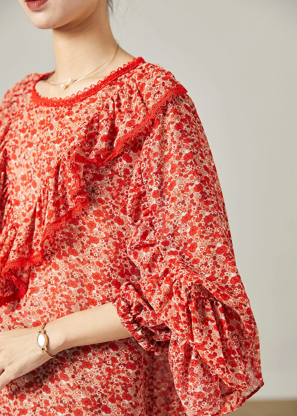 Red Ruffled Print Chiffon Blouse Top Butterfly Sleeve