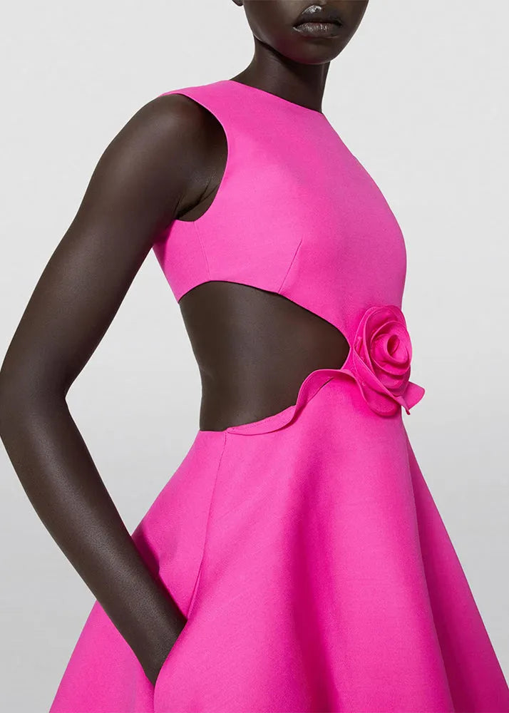 Slim Fit Rose Hollow Out Pockets Cotton Mini Dress Sleeveless