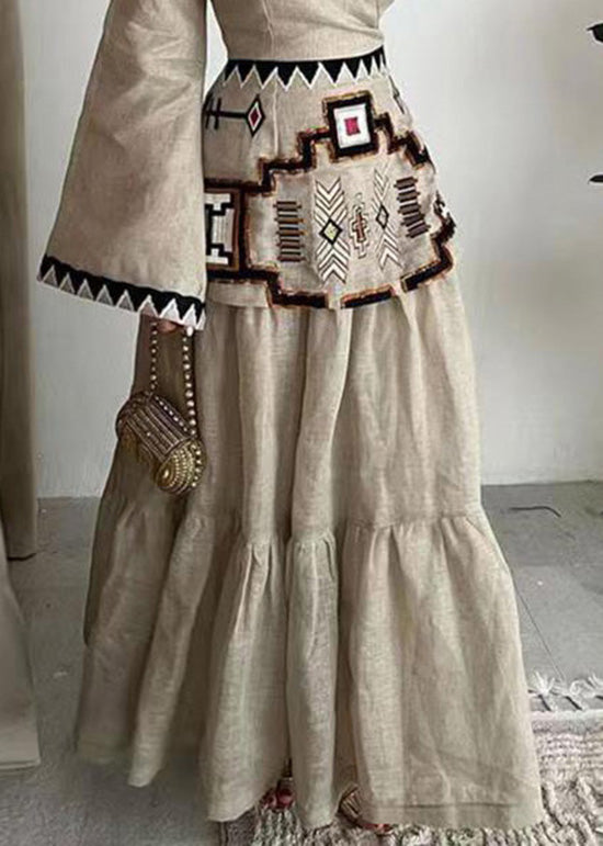 V Neck Print Patchwork Cotton Dress Flare Sleeve