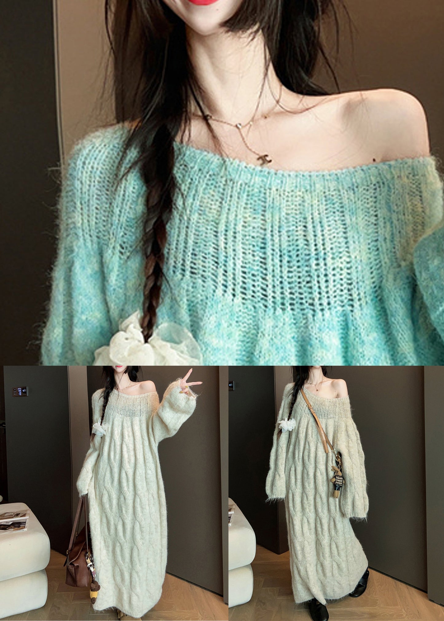Original Khaki O Neck Hollow Out Knit Sweater Dress