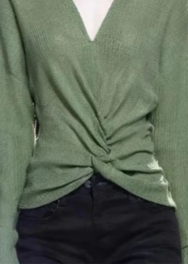 Simple Green V Neck Cozy Knit Sweater Fall