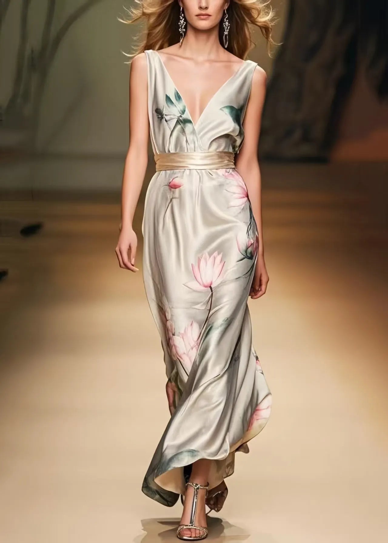 Apricot Cinched Print Silk Party Dress Summer