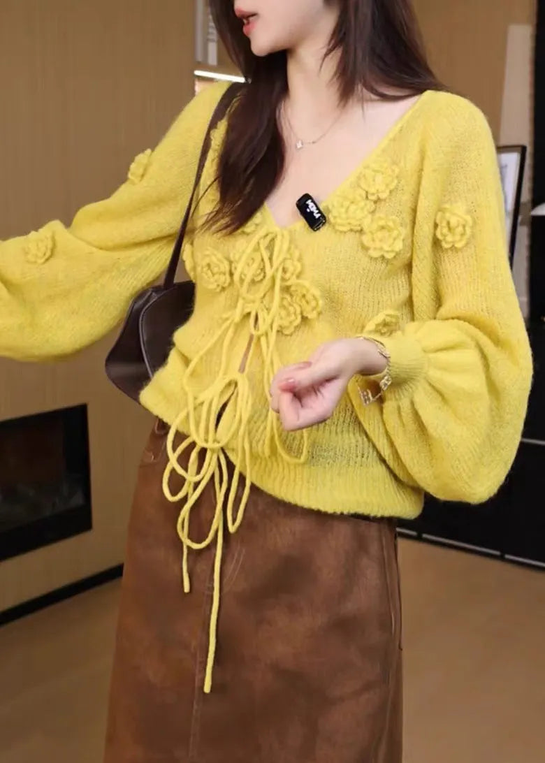 Yellow V Neck Lace Up Knit Sweaters Fall