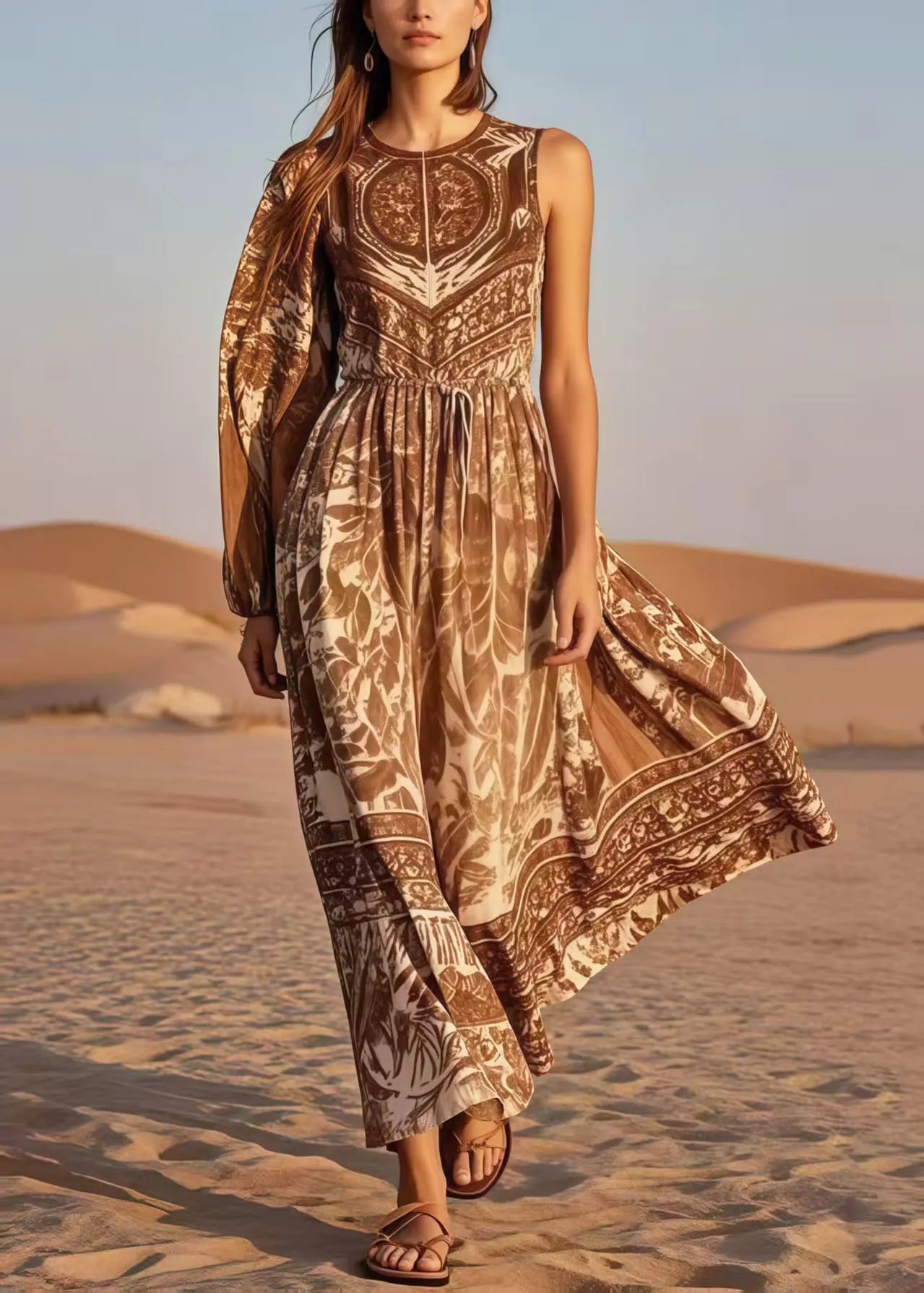 Brown Print Cotton Cinched Dress Asymmetrical Sleeveless
