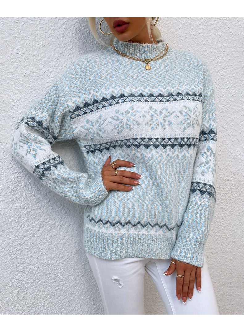 Sweater Wool Knit Relaxed Fit Snowflake Pattern High Collar