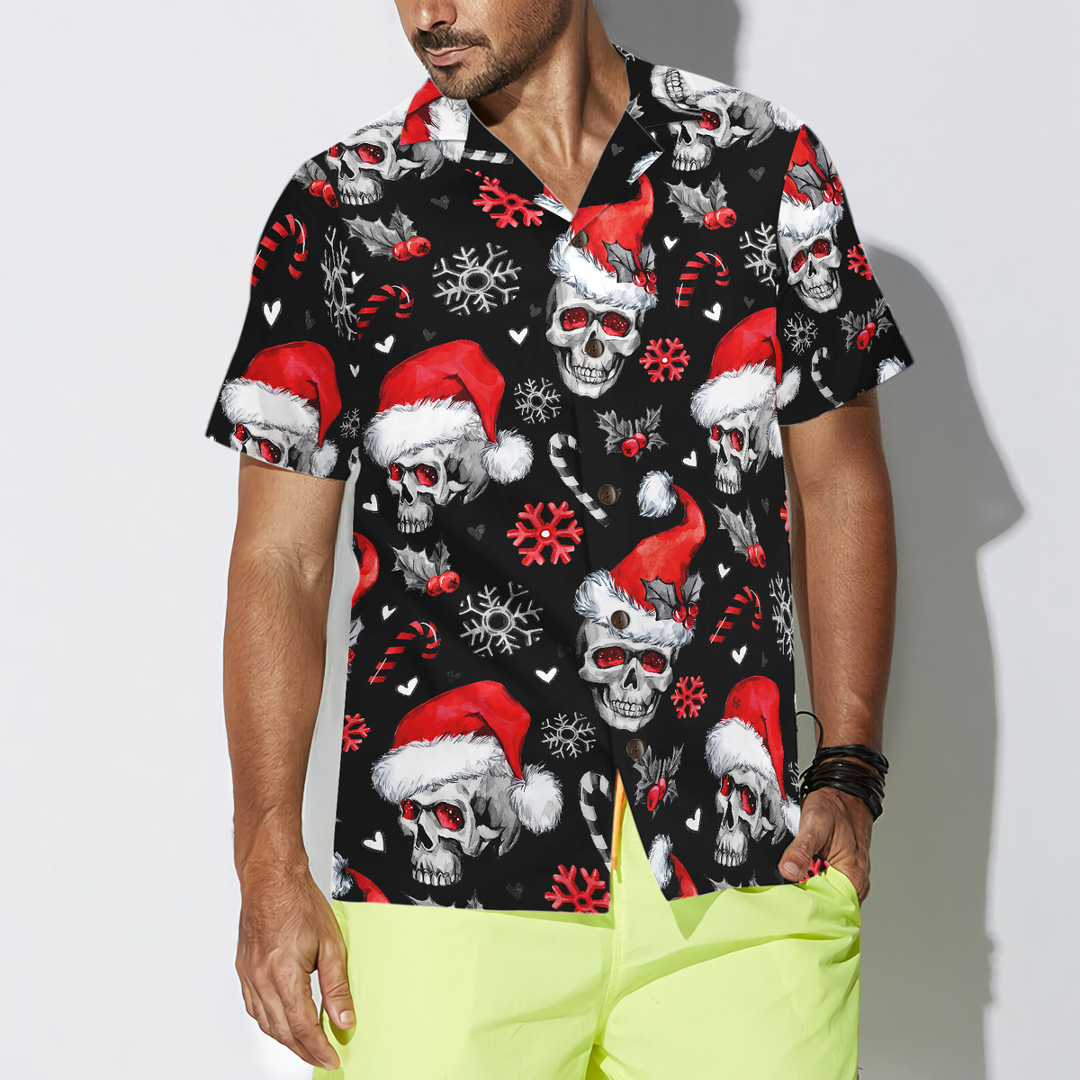 Christmas Skull with Candy Canes Christmas Hawaiian Shirt, Skull Christmas Hawaiian Shirt for Men