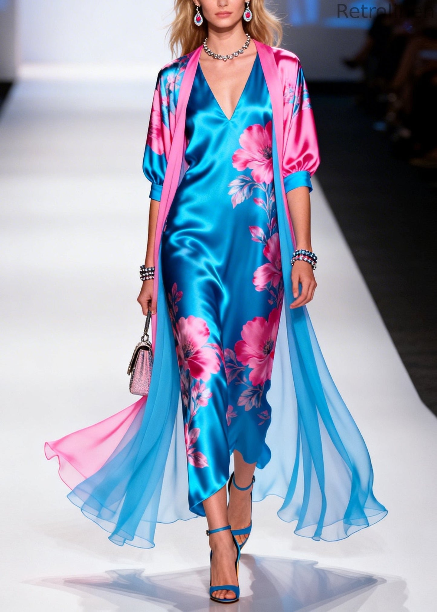 Blue Print Draping Silk Dress and Cardigan Two Pieces Set Summer